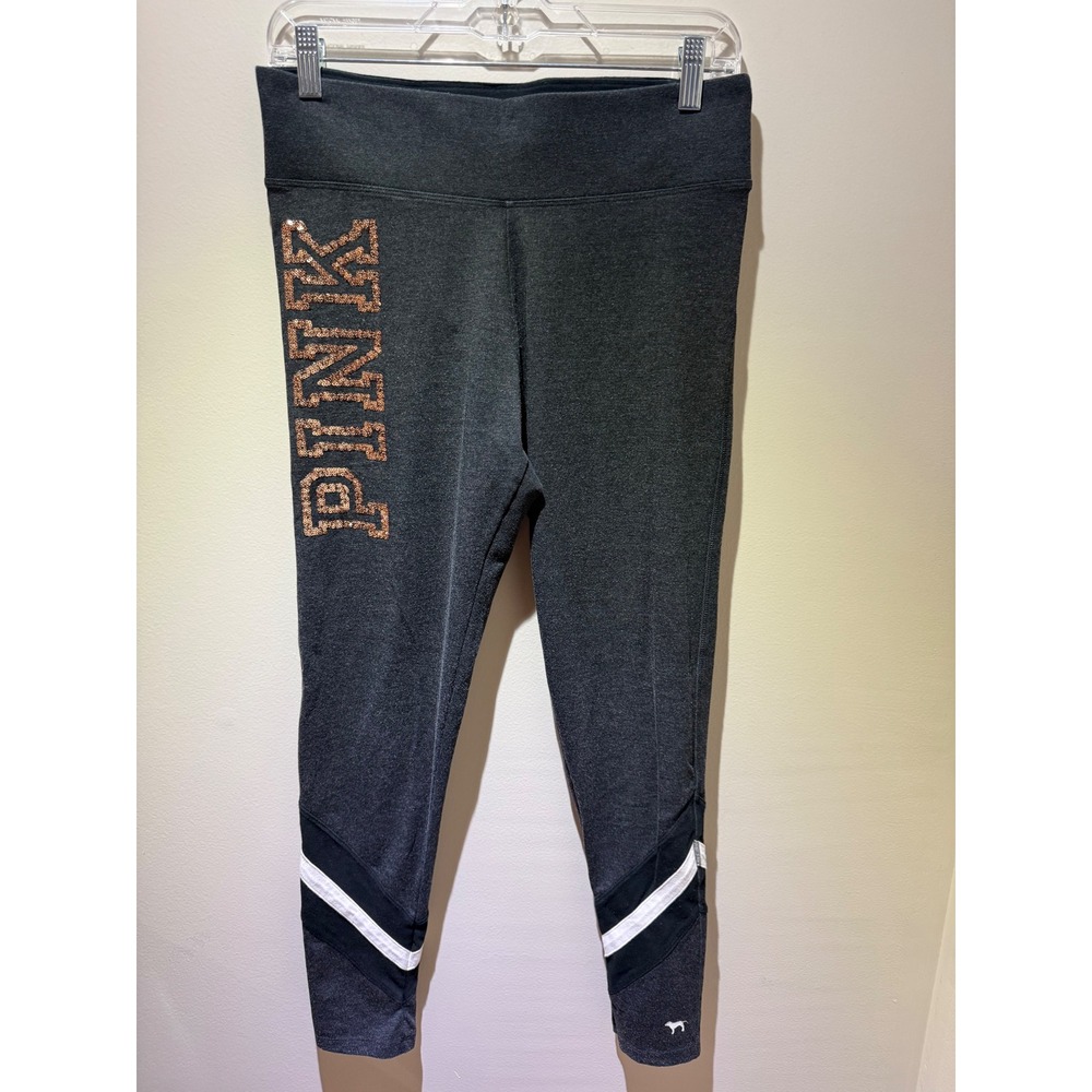 PINK Victoria's Secret Yoga Leggings Gray Rose Gold Sequin Logo Medium